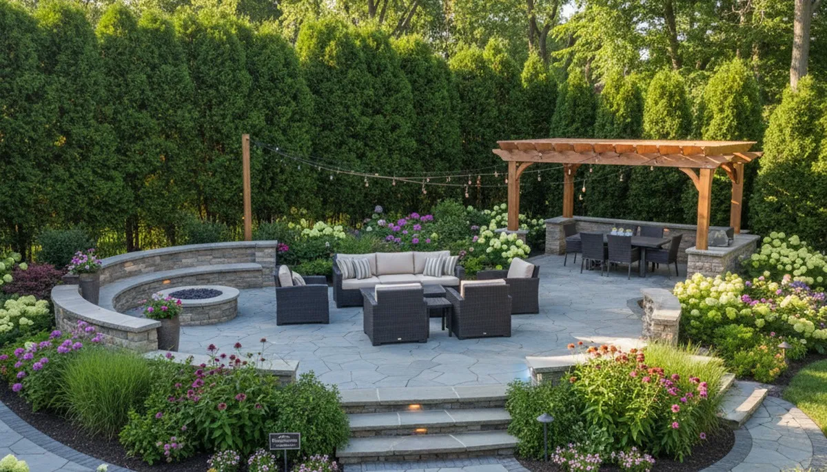 Backyard patio landscaping with outdoor seating and lighting in Milwaukee, WI by Chop Chop Landscaping