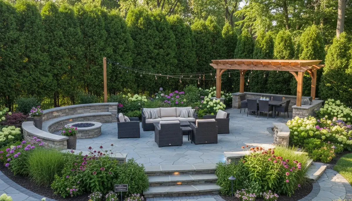 Backyard patio landscaping with outdoor seating and lighting in Milwaukee, WI by Chop Chop Landscaping