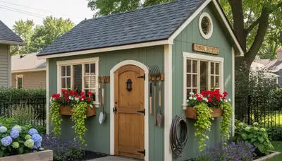 Decorative garden shed with custom landscaping design in Milwaukee, WI by Chop Chop Landscaping