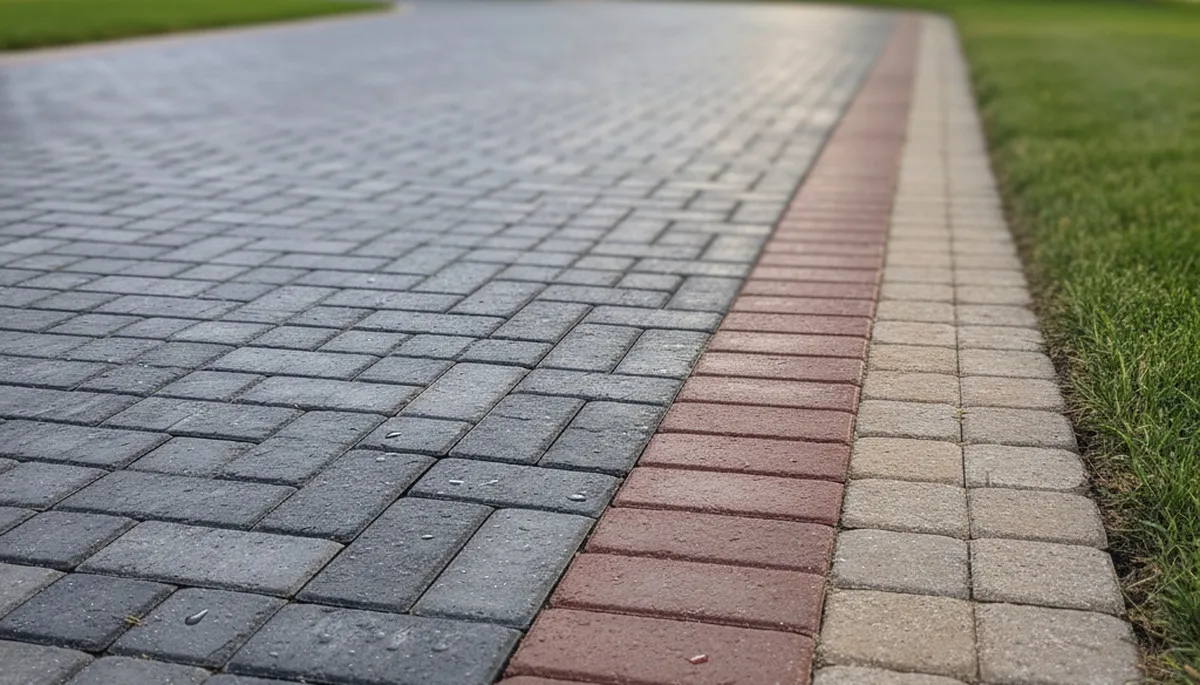 Decorative driveway paver border and edging with soldier course design in Milwaukee, WI landscaping