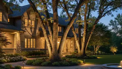Dramatic tree uplighting design by Chop Chop Landscaping in Milwaukee, WI enhancing nighttime curb appeal