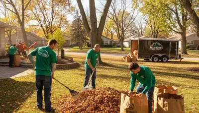 Professionals performing fall leaf cleanup and yard maintenance in Milwaukee, WI