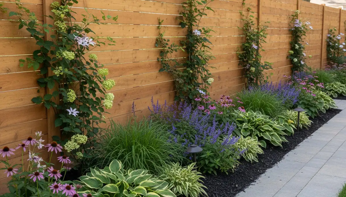 Fence with integrated landscape plantings by Chop Chop Landscaping in Milwaukee, WI