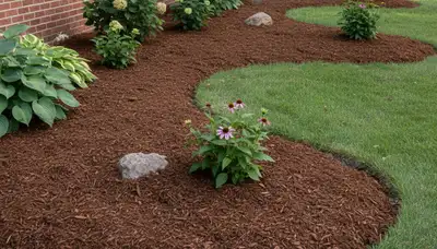 Fresh mulch installation in Milwaukee, WI residential yard with clean edges and even color coverage