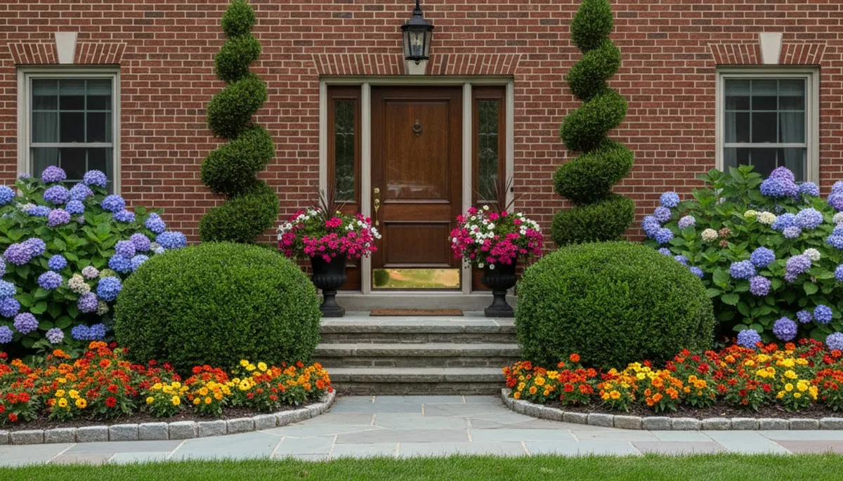 Front yard curb appeal landscaping with colorful shrubs and flowers at Milwaukee WI home