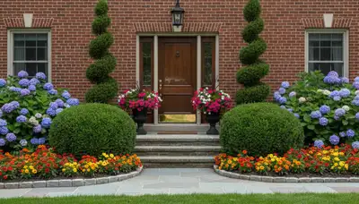 Front yard curb appeal landscaping with colorful shrubs and flowers at Milwaukee WI home