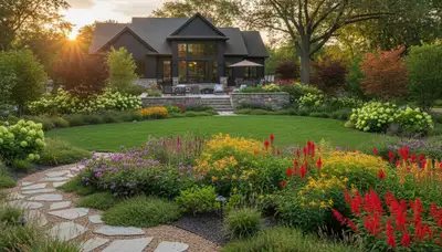 Full property landscape transformation with layered plantings and hardscape in Milwaukee, WI