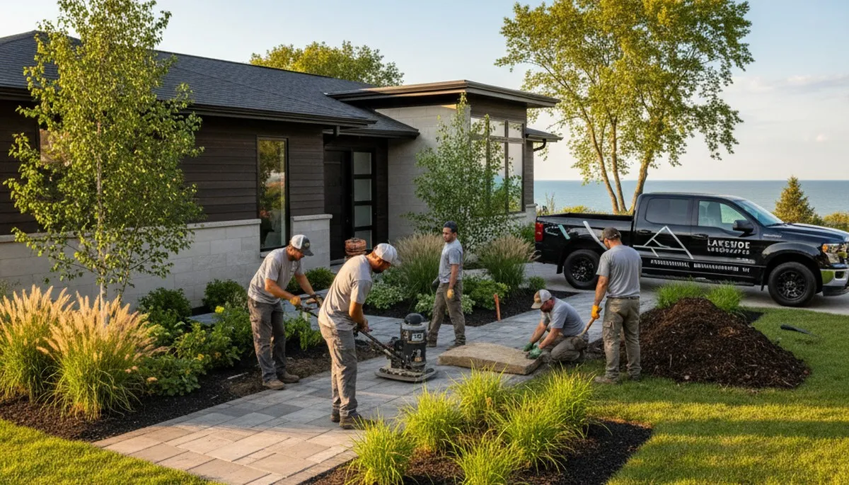 Landscaping crew providing lawn care services in Milwaukee, WI
