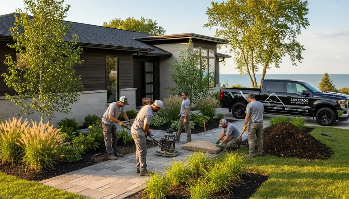 Landscaping crew providing lawn care services in Milwaukee, WI