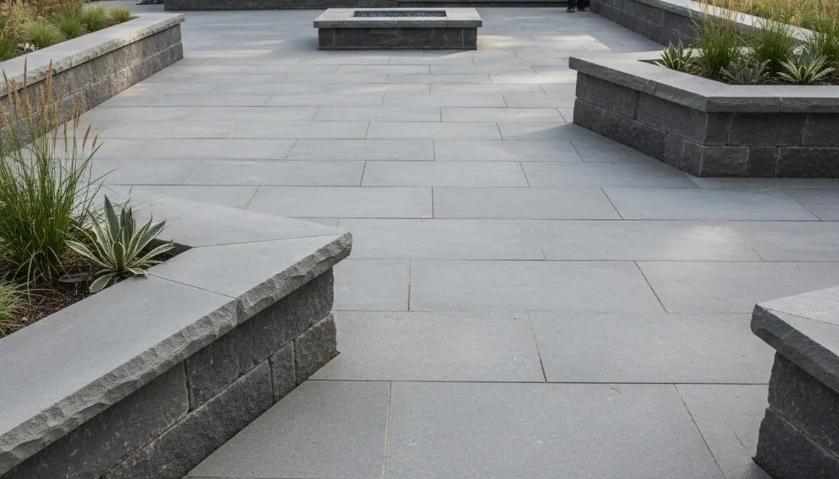 Large format stone slab patio installation by professional landscapers in Milwaukee, WI