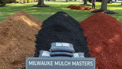Brown, black, and red mulch variety display for landscaping projects in Milwaukee, WI