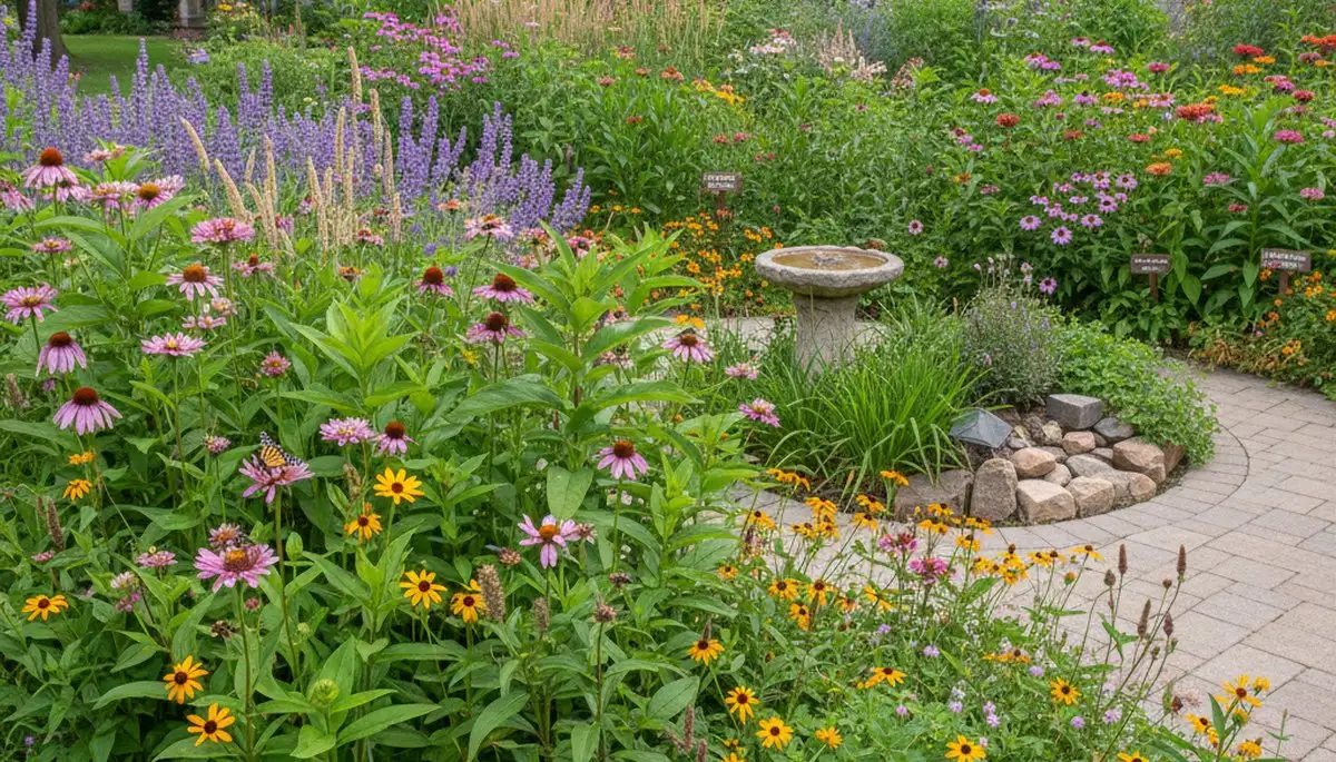 Native pollinator garden with wildflowers and bees, organic landscaping in Milwaukee WI