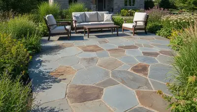 Flagstone patio with natural slate pavers by Chop Chop Landscaping in Milwaukee, WI