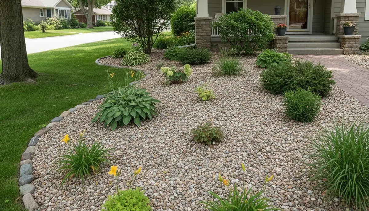 Pea gravel mulch landscaping in Milwaukee WI for low-maintenance, weed-resistant ground cover