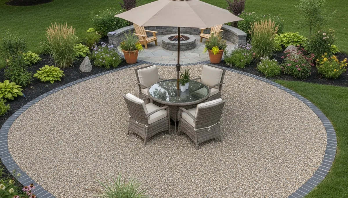 Pea gravel patio installation with outdoor seating by Chop Chop Landscaping in Milwaukee, WI