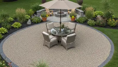 Pea gravel patio installation with outdoor seating by Chop Chop Landscaping in Milwaukee, WI