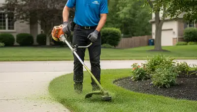 Technician performing precise lawn edging and trimming in Milwaukee, WI for Chop Chop Landscaping