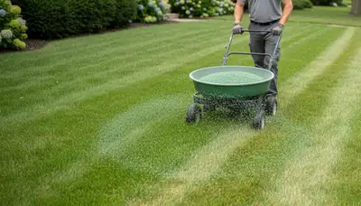 Lawn care technician applying fertilizer with spreader on residential turf in Milwaukee, WI