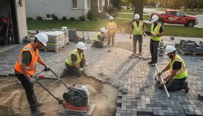 Landscapers installing driveway pavers in Milwaukee WI with precise base prep and leveling work