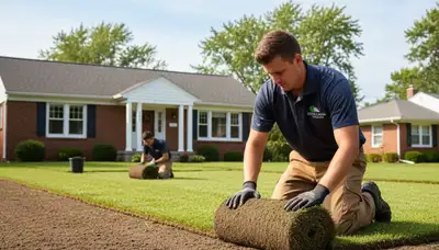 Professional landscaper installing new sod rolls with precision in Milwaukee, WI lawn renovation project