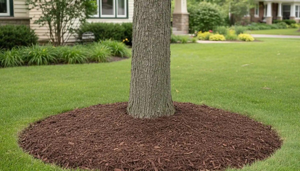 Professional tree ring mulching around base of landscape tree in Milwaukee, WI by Chop Chop Landscaping