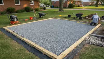 Shed foundation base preparation with gravel and drainage by Chop Chop Landscaping in Milwaukee, WI
