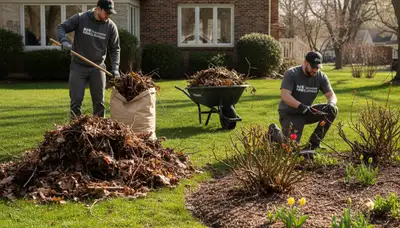Spring yard clean up crew clearing debris and pruning gardens in Milwaukee, WI residential landscape