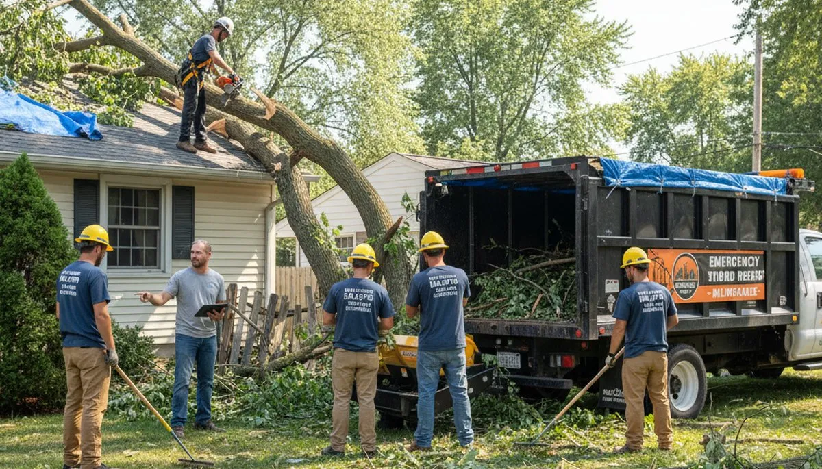 Technicians performing storm debris cleanup and yard restoration in Milwaukee, WI after severe weather