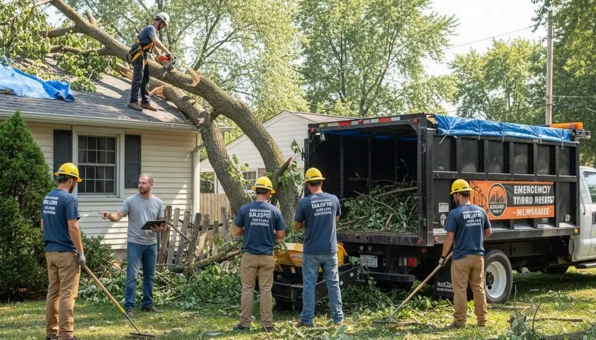 Technicians performing storm debris cleanup and yard restoration in Milwaukee, WI after severe weather