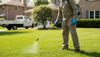 Lawn care technician applying weed control treatment in Milwaukee, WI for healthy, green turf maintenance